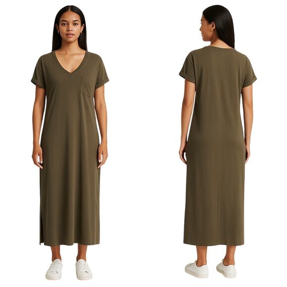 CUYANA Olive Green Pima Cotton Modal Soft Jersey Knit Midi Shirt Dress in Size M - Picture 1 of 7